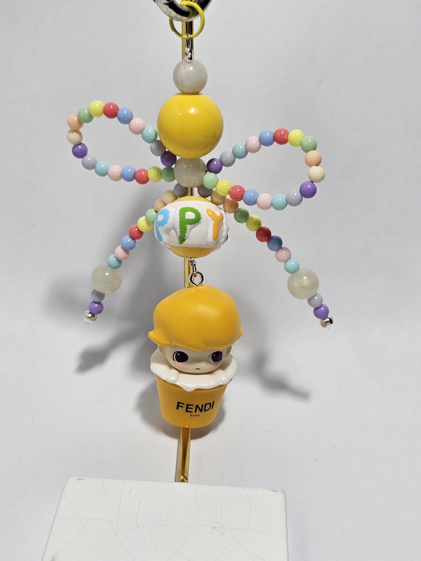CUSTOM Authentic POPMART Bean edited! Dimoo Cup one-of-a-kind handmade w/ painted beads - keychain or phone charm, Dimoo Starbucks, Fendi,