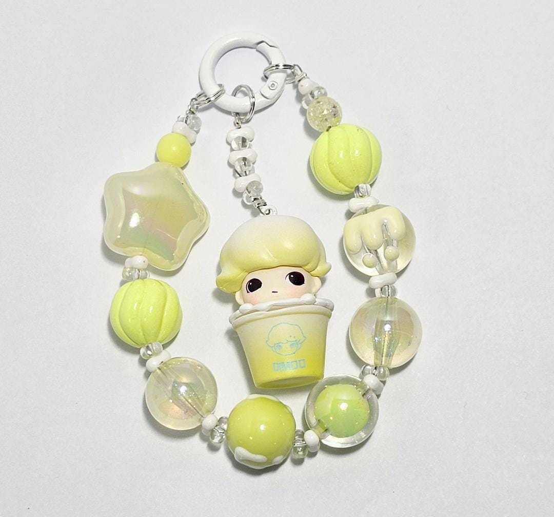 CUSTOM Authentic POPMART Bean edited! Dimoo Cup one-of-a-kind handmade w/ painted beads - keychain or phone charm, Dimoo Starbucks, Fendi,