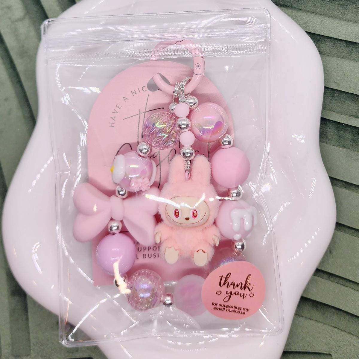 Labubu The Monsters soft short fur Bean! one-of-a-kind handmade have a seat - keychain or phone charm, Halloween monster five star seller
