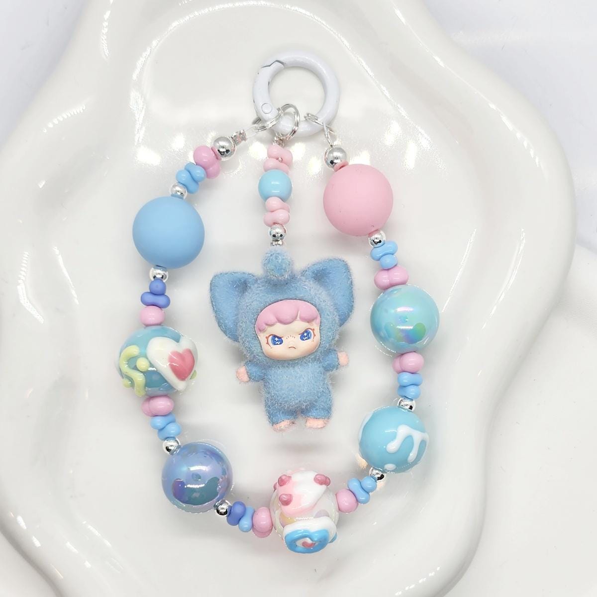 DORA in animal suit furry bean with handmade beaded chain and premium beads, gift, kawaiiMother's Day