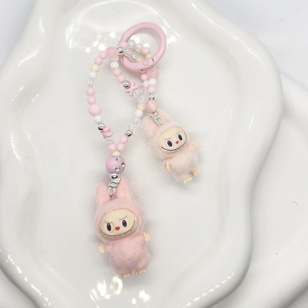 Labubu The Monsters soft short fur Bean! one-of-a-kind handmade have a seat - keychain or phone charm single peanut beadsMother's Day