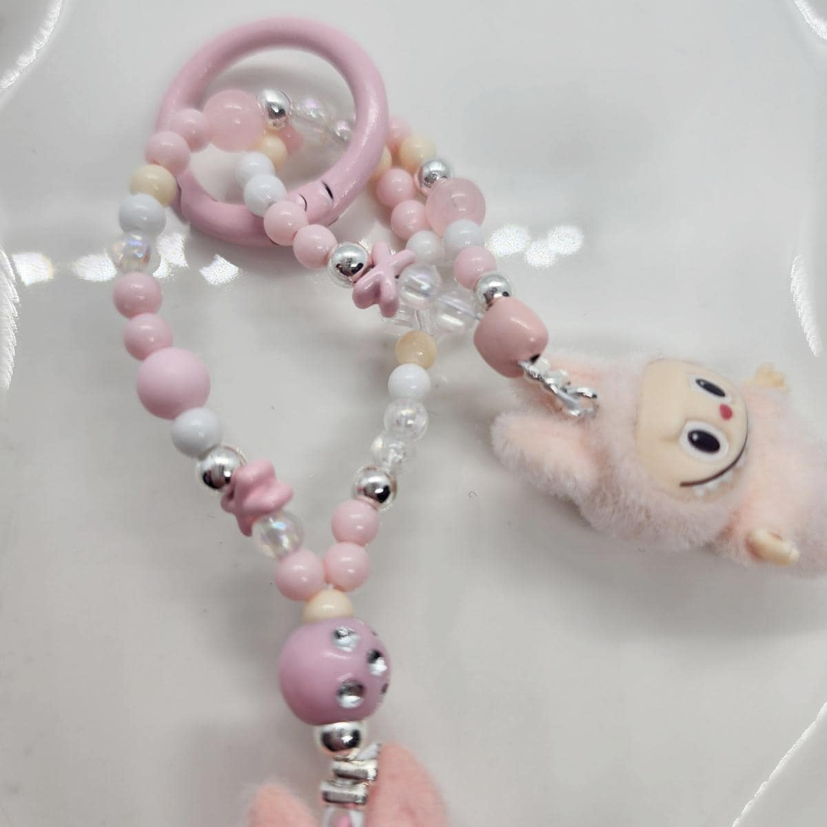 Labubu The Monsters soft short fur Bean! one-of-a-kind handmade have a seat - keychain or phone charm single peanut beadsMother's Day