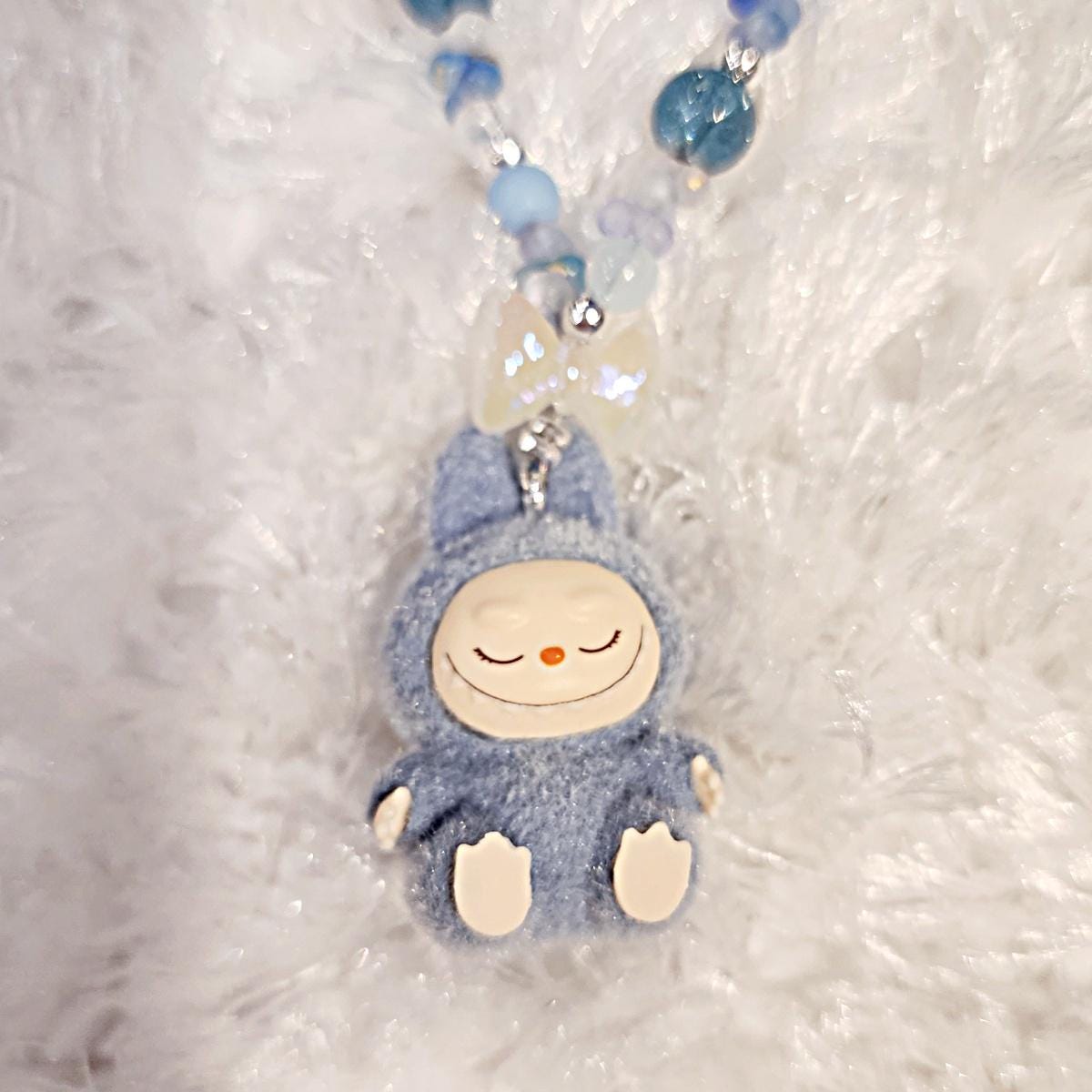 Labubu The Monsters soft short fur Bean! one-of-a-kind handmade have a seat - keychain or phone charm single peanut beadsMother's Day