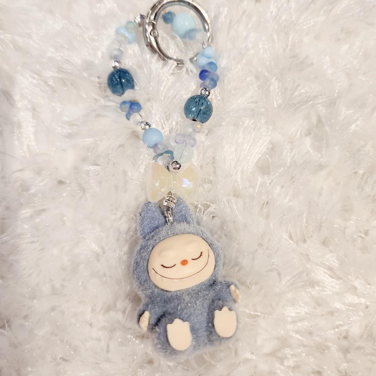 Labubu The Monsters soft short fur Bean! one-of-a-kind handmade have a seat - keychain or phone charm single peanut beadsMother's Day