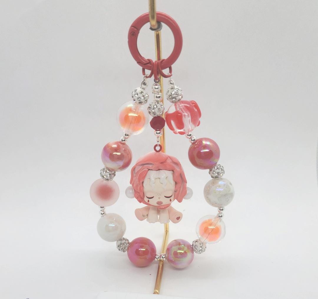 Skull Panda mini Bean handmade painted beads, crystal beads Red keychain or phone charm Kawaii Japan, Cute Chain Gift