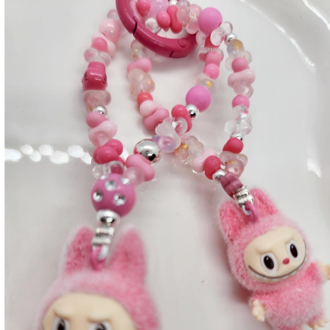 Labubu The Monsters soft short fur Bean! one-of-a-kind handmade have a seat - keychain or phone charm single peanut beadsMother's Day