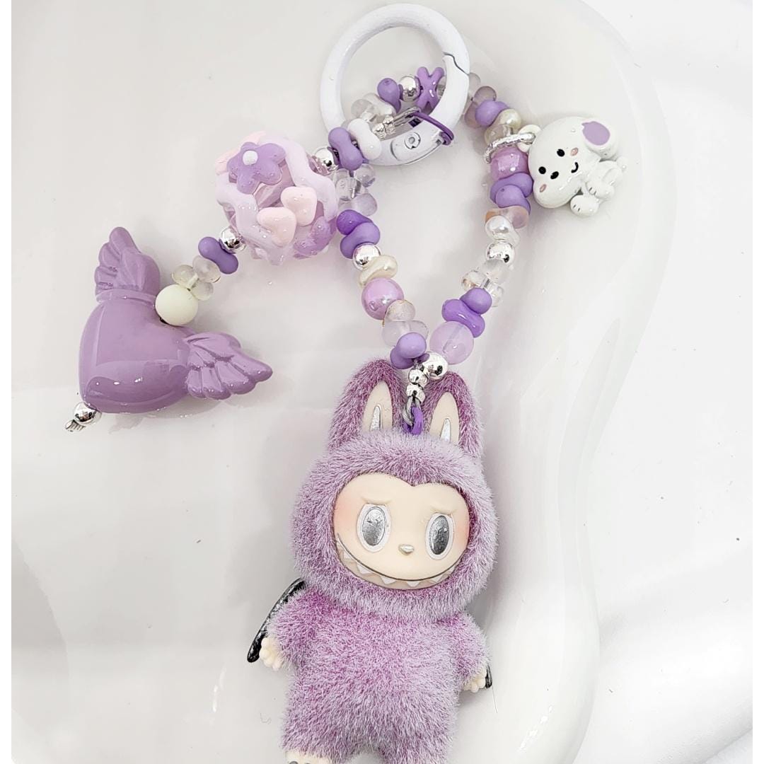 Custom Labubu Zimomo The Monsters soft short fur multi chain 3" Bean ! one-of-a-kind handmade have a seat - angel in clouds Mother's Day