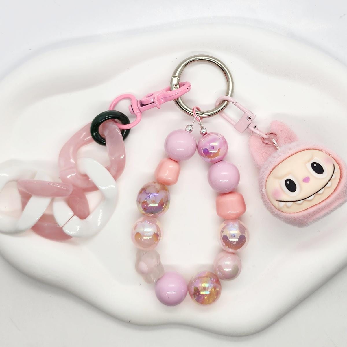 Handmade Labubu short fur head keychain, or bag charm