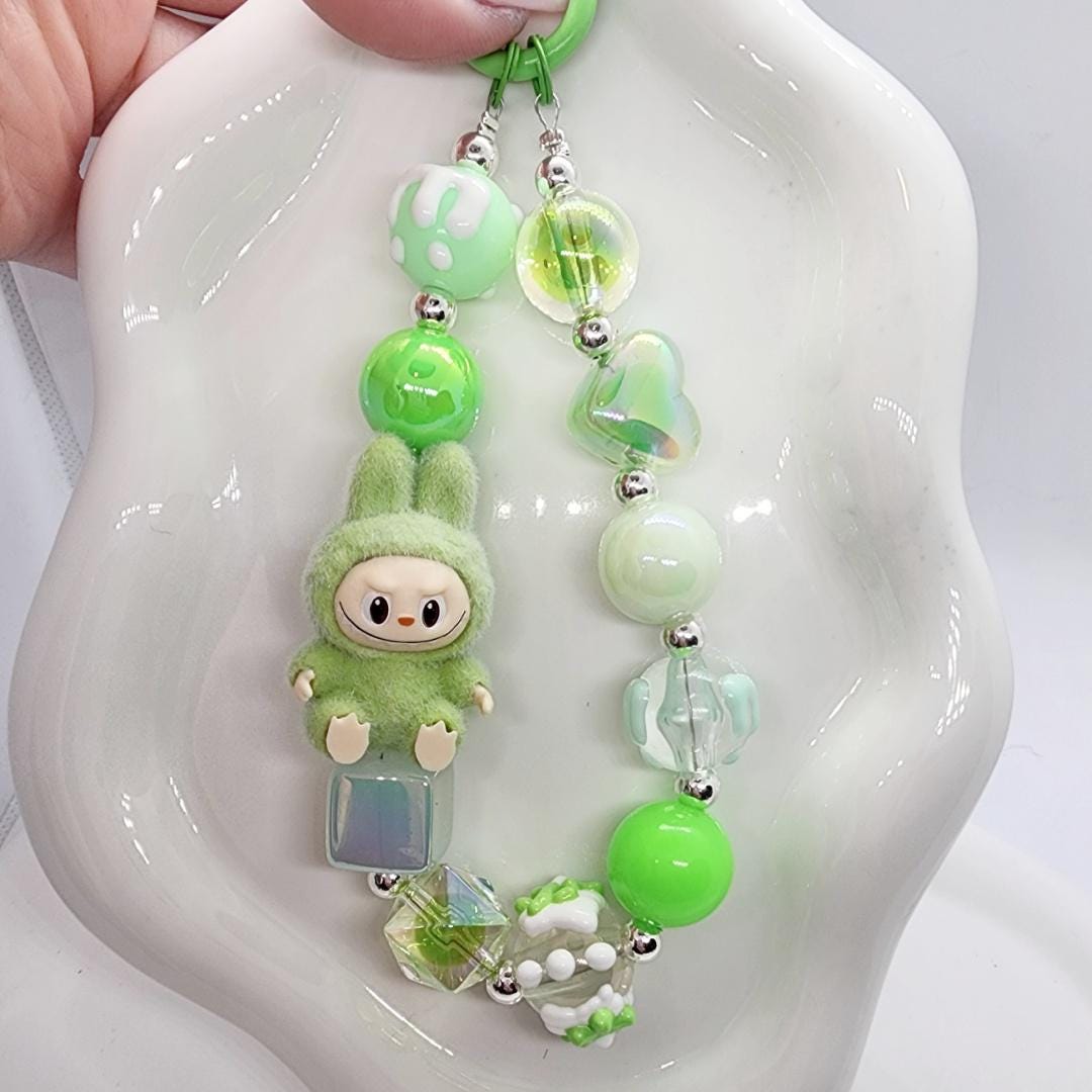 Labubu The Monsters soft short fur Bean! one-of-a-kind handmade have a seat - keychain or phone charm, Halloween monster five star seller