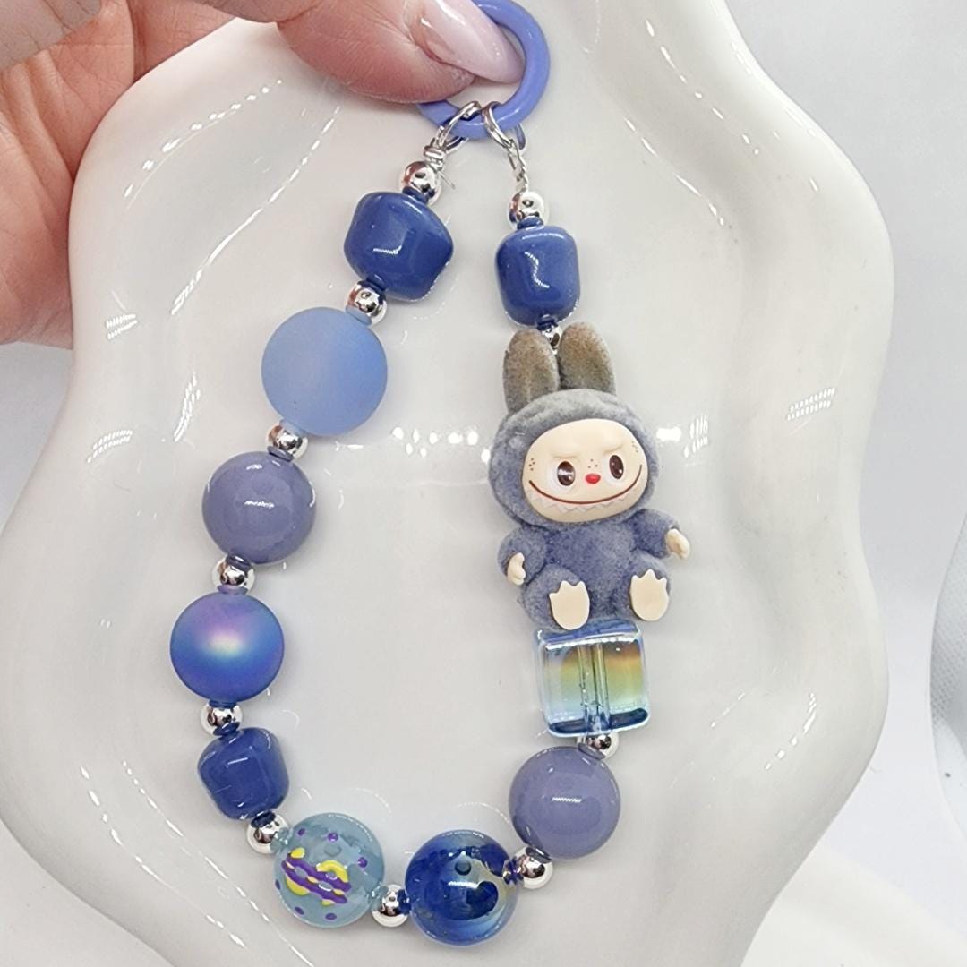 Labubu The Monsters soft short fur Bean! one-of-a-kind handmade have a seat - keychain or phone charm, Halloween monster five star seller