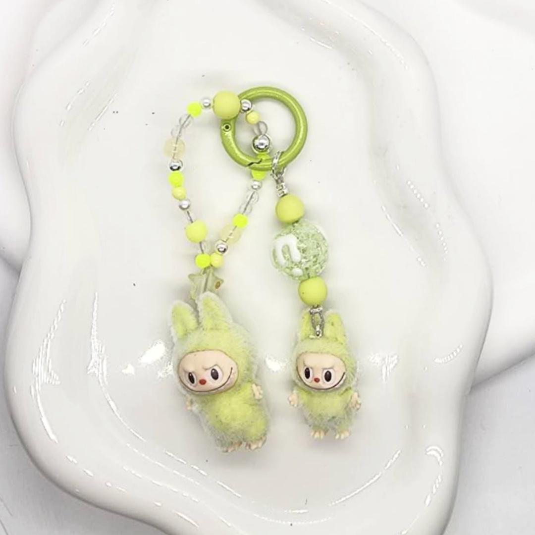 Labubu The Monsters soft short fur Bean! one-of-a-kind handmade have a seat - keychain or phone charm single peanut beadsMother's Day