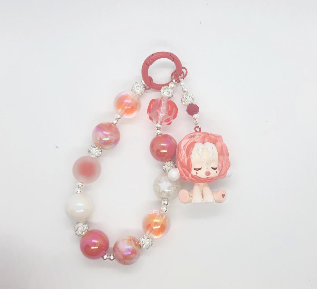 Skull Panda mini Bean handmade painted beads, crystal beads Red keychain or phone charm Kawaii Japan, Cute Chain Gift