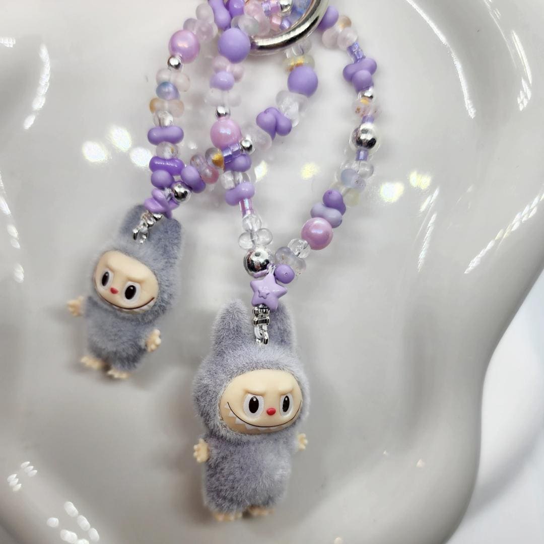 Labubu The Monsters soft short fur Bean! one-of-a-kind handmade have a seat - keychain or phone charm single peanut beadsMother's Day