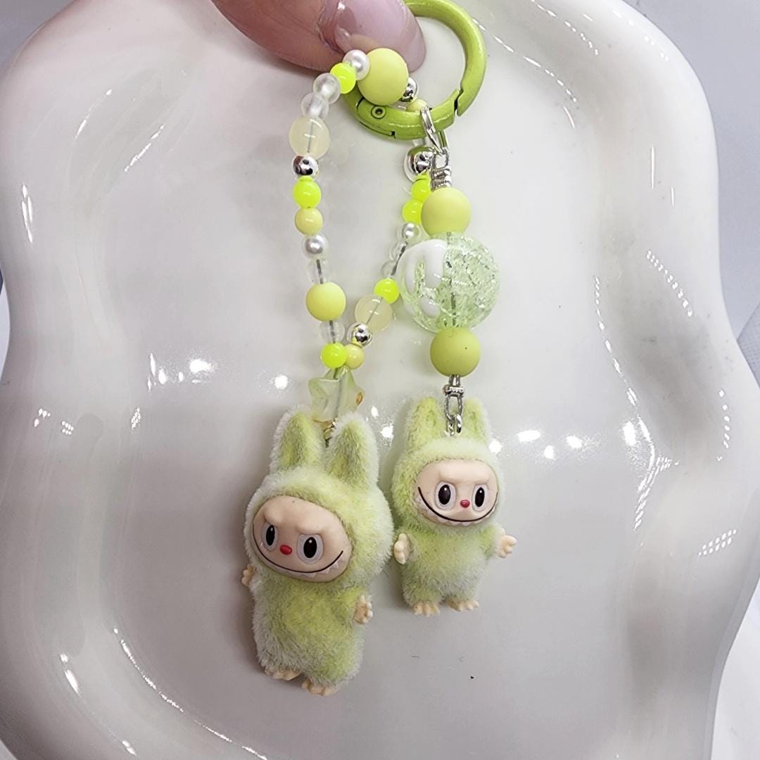 Labubu The Monsters soft short fur Bean! one-of-a-kind handmade have a seat - keychain or phone charm single peanut beadsMother's Day