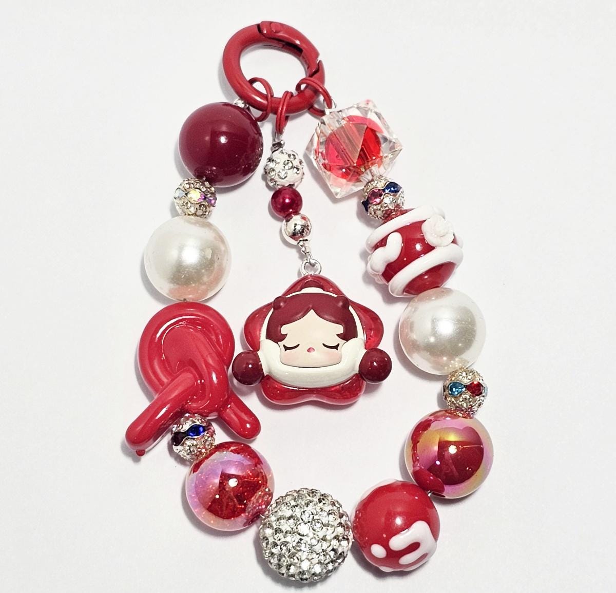 Skull Panda mini Bean handmade painted beads, crystal beads Red keychain or phone charm Kawaii Japan, Cute Chain Gift