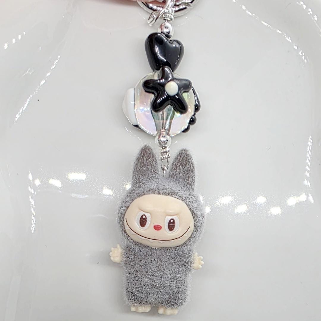 Labubu The Monsters short fur Bean! one-of-a-kind handmade - keychain or phone charm, Heart bead Mother's Day