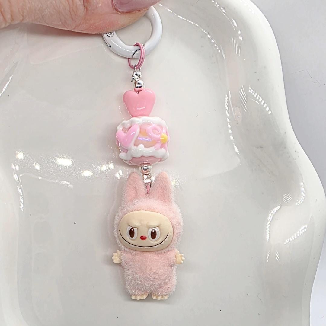 Labubu The Monsters short fur Bean! one-of-a-kind handmade - keychain or phone charm, Heart bead Mother's Day
