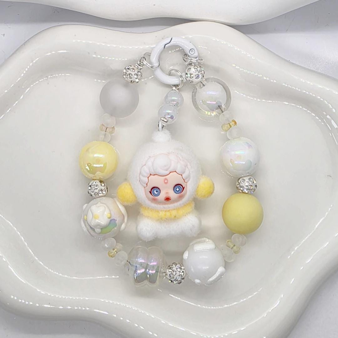 Skull Panda Furry Bean handmade painted beads, crystal beads keychain or phone charm Kawaii Japan, Cute Chain Mother's Day