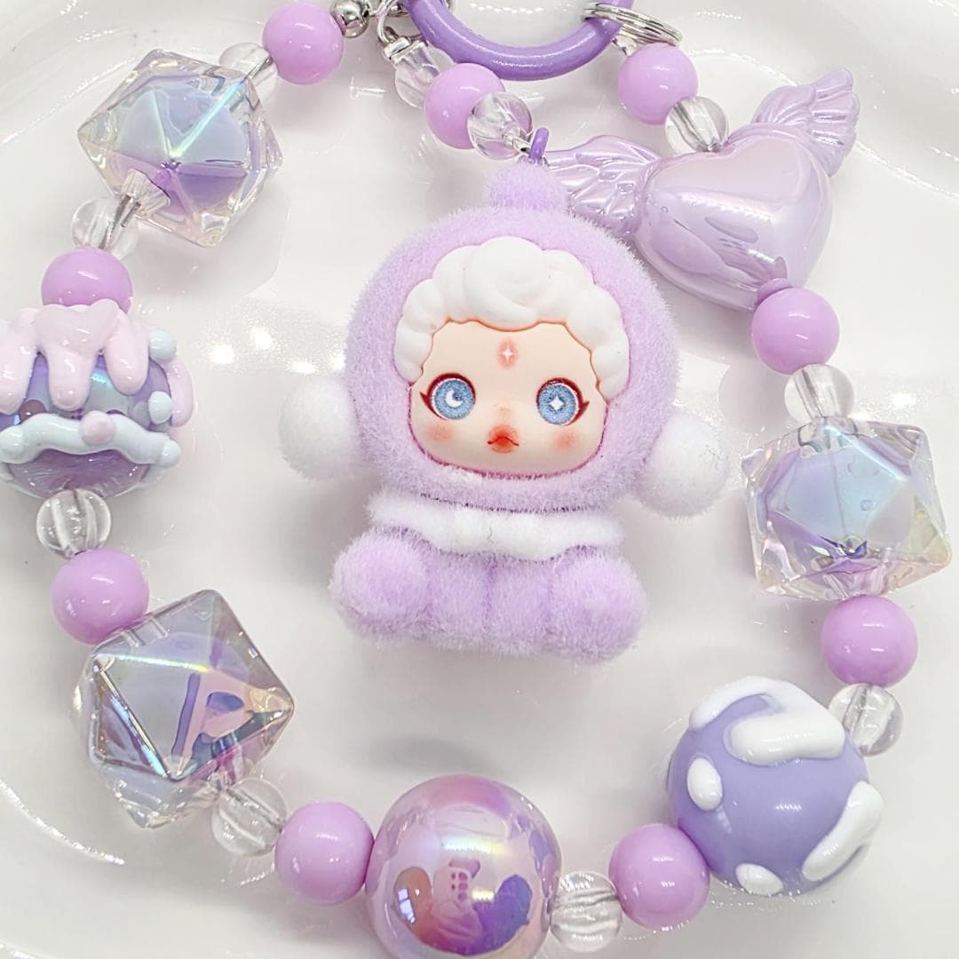 Skull Panda Furry Bean handmade painted beads, crystal beads keychain or phone charm Kawaii Japan, Cute Chain Mother's Day
