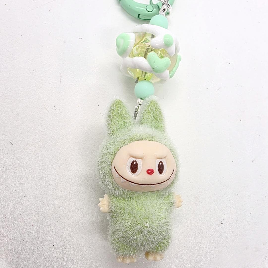 Labubu The Monsters short fur Bean! one-of-a-kind handmade - keychain or phone charm, Heart bead Mother's Day