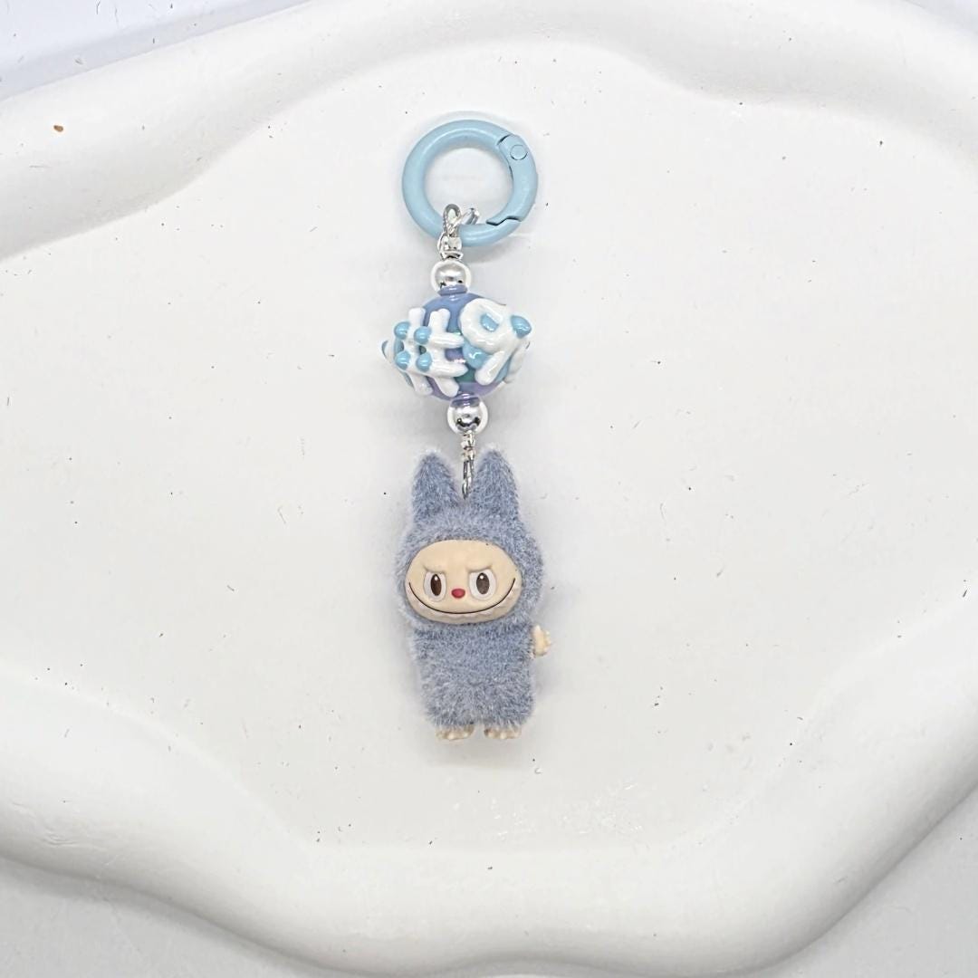 Labubu The Monsters short fur Bean! one-of-a-kind handmade - keychain or phone charm, Heart bead Mother's Day