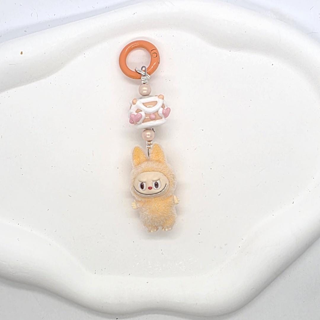 Labubu The Monsters short fur Bean! one-of-a-kind handmade - keychain or phone charm, Heart bead Mother's Day