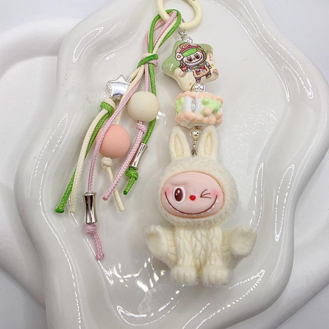 Cute Labubu Furry large bean with beaded cord, cellphone or bag charm | miu | labubu beads, Mother's Day