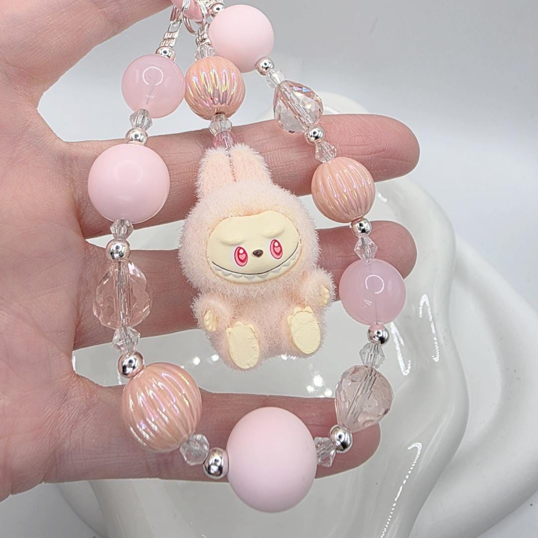 Labubu The Monsters small soft short fur Bean! one-of-a-kind handmade have a seat - keychain or phone charm, cute, Mother's Day