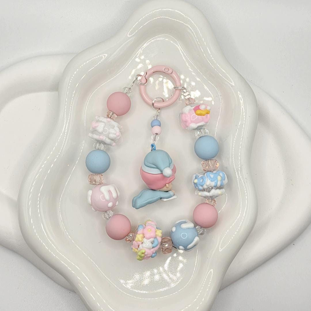 Dimoo edited bean figure small beaded keychain with handmade beads crystals, one of a kind, great gift, phone charm, Mother's Day