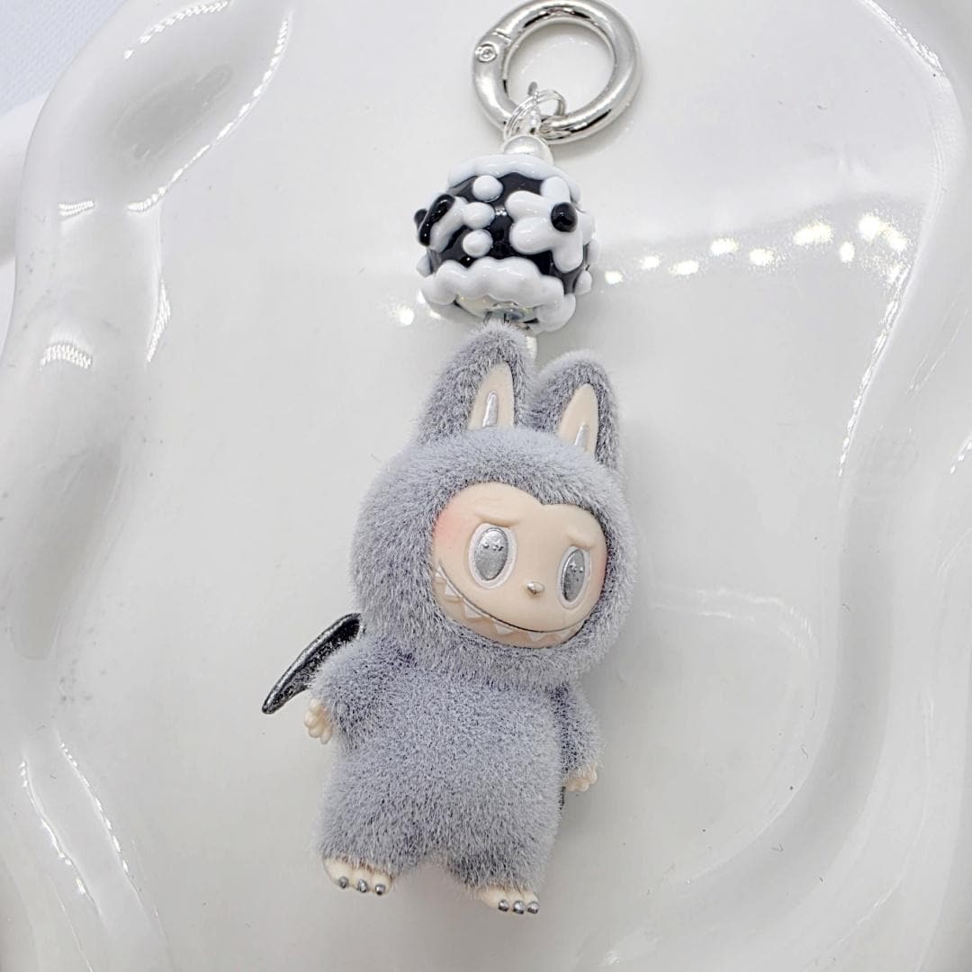 StudioNisy Handmade Zimomo Labubu The Monsters soft short fur 3" Bean custom unique handmade keychain or phone charm- angel in clouds