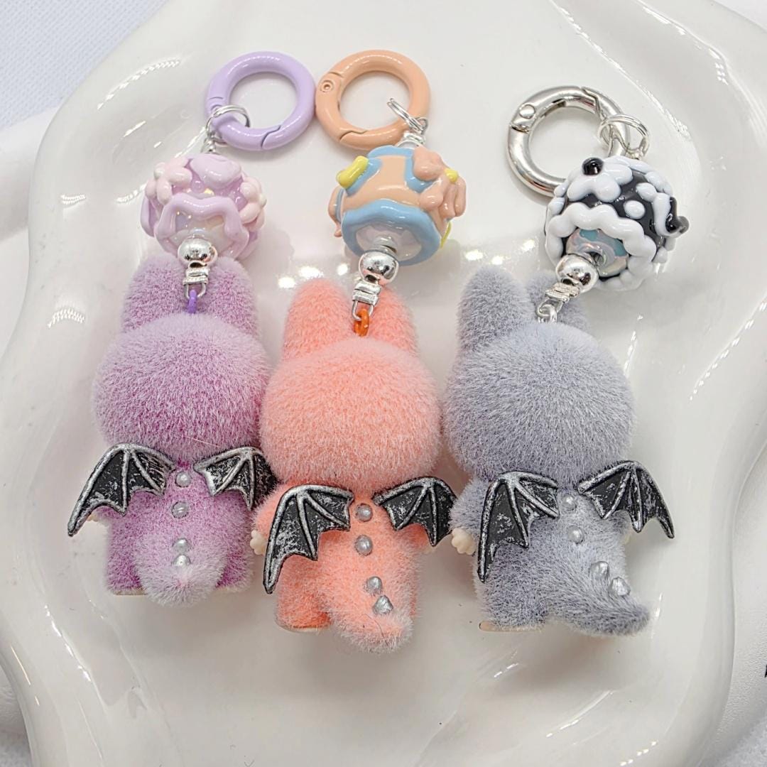 StudioNisy Handmade Zimomo Labubu The Monsters soft short fur 3" Bean custom unique handmade keychain or phone charm- angel in clouds