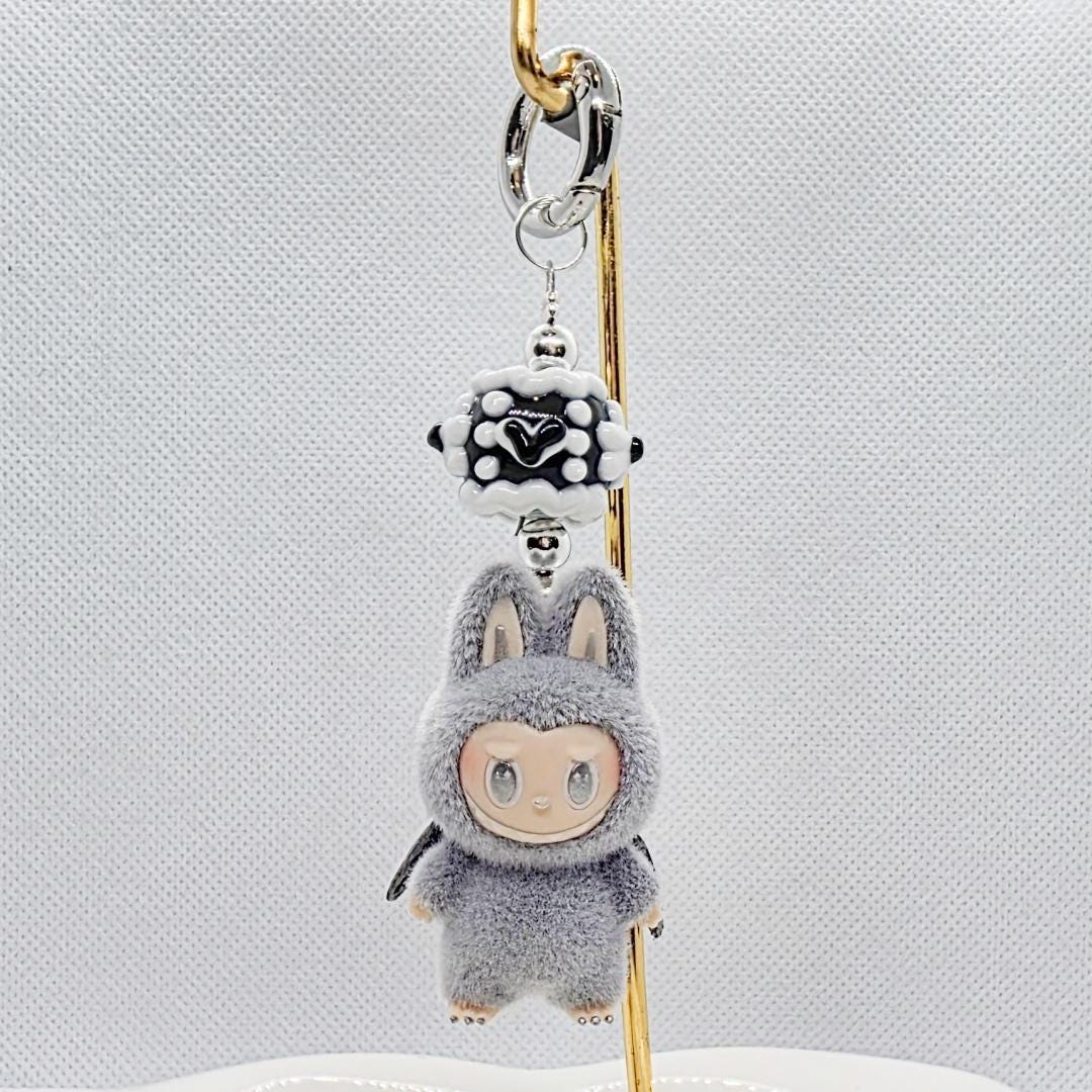 StudioNisy Handmade Zimomo Labubu The Monsters soft short fur 3" Bean custom unique handmade keychain or phone charm- angel in clouds