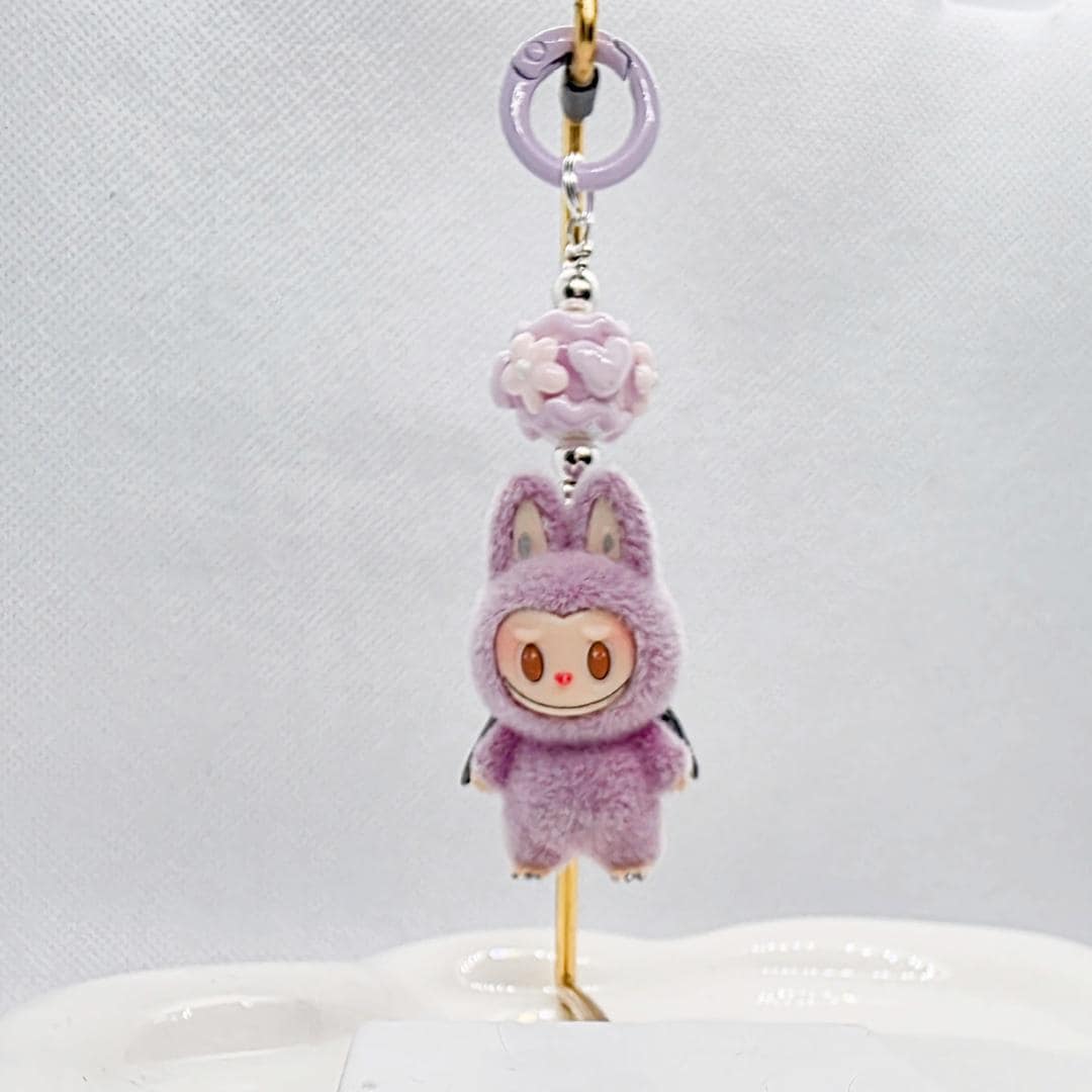 StudioNisy Handmade Zimomo Labubu The Monsters soft short fur 3" Bean custom unique handmade keychain or phone charm- angel in clouds