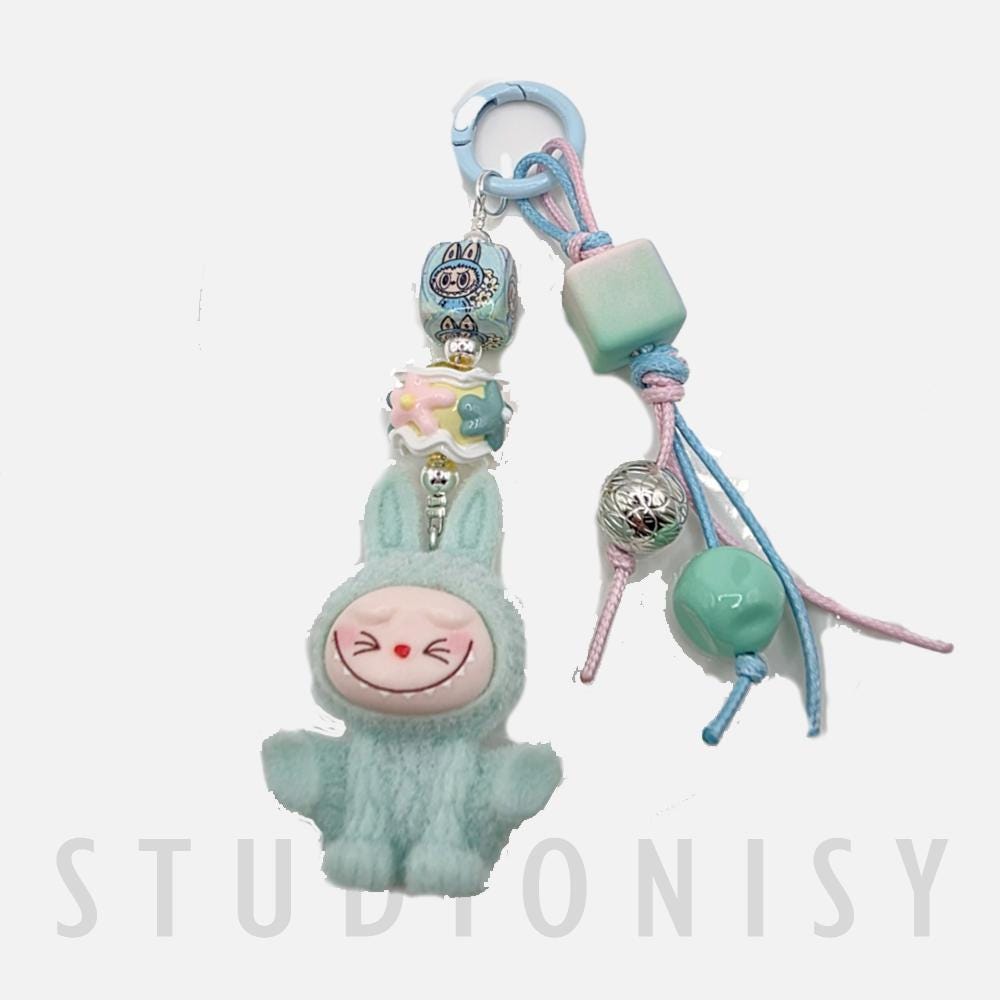 StudioNisy Handmade Cute Faced Labubu Furry large bean with beaded cord, cellphone or bag charm