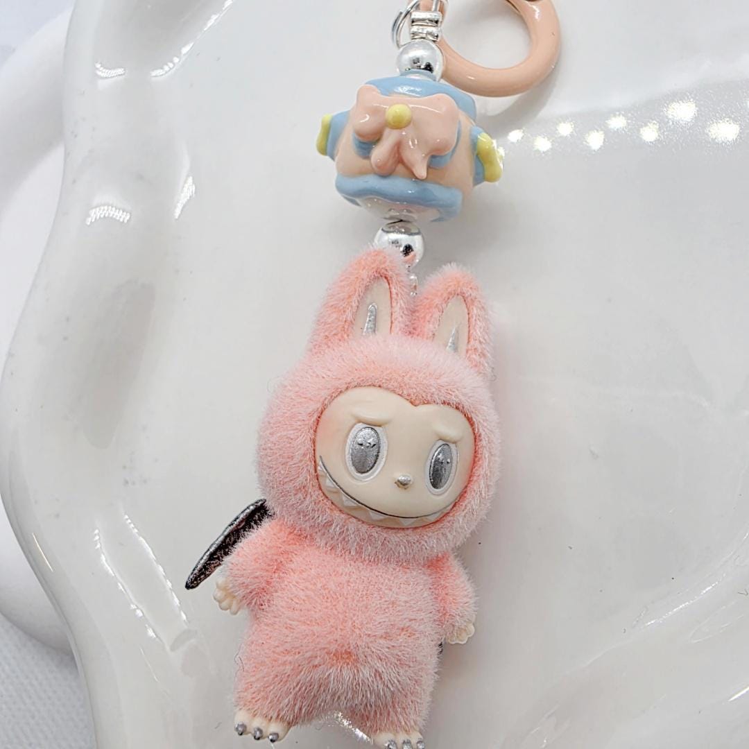 StudioNisy Handmade Zimomo Labubu The Monsters soft short fur 3" Bean custom unique handmade keychain or phone charm- angel in clouds