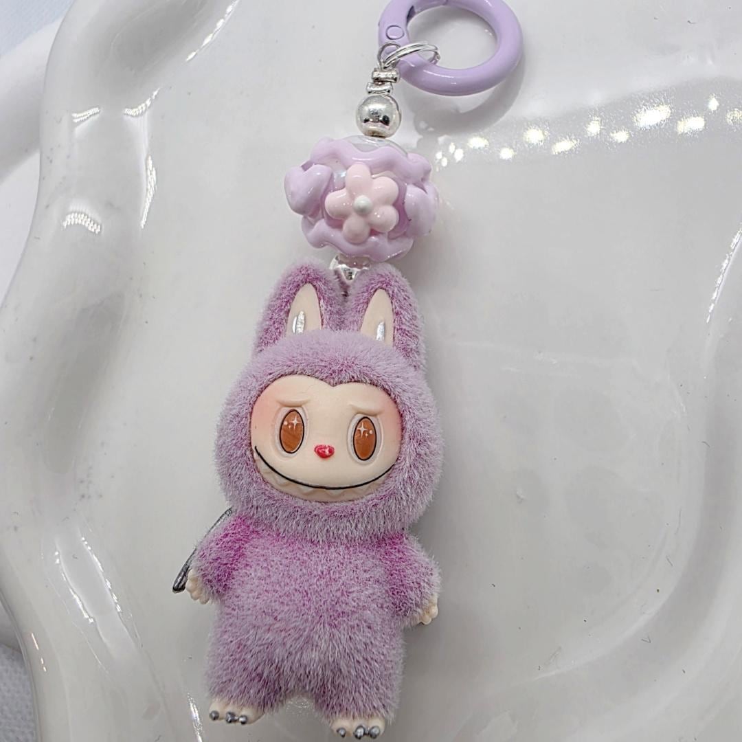 StudioNisy Handmade Zimomo Labubu The Monsters soft short fur 3" Bean custom unique handmade keychain or phone charm- angel in clouds