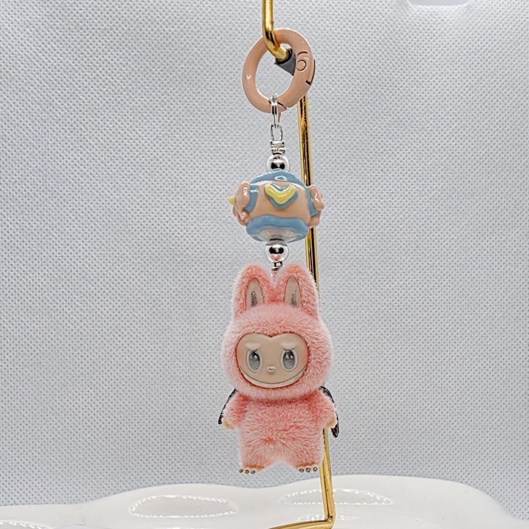 StudioNisy Handmade Zimomo Labubu The Monsters soft short fur 3" Bean custom unique handmade keychain or phone charm- angel in clouds