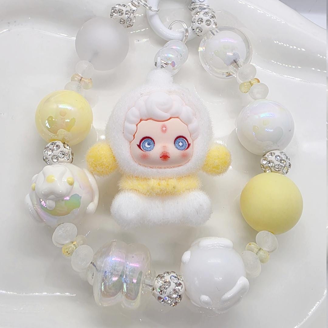 StudioNisy Handmade Skull Panda Furry Bean handmade painted beads, crystal beads keychain or phone charm Kawaii Japan, Cute Chain