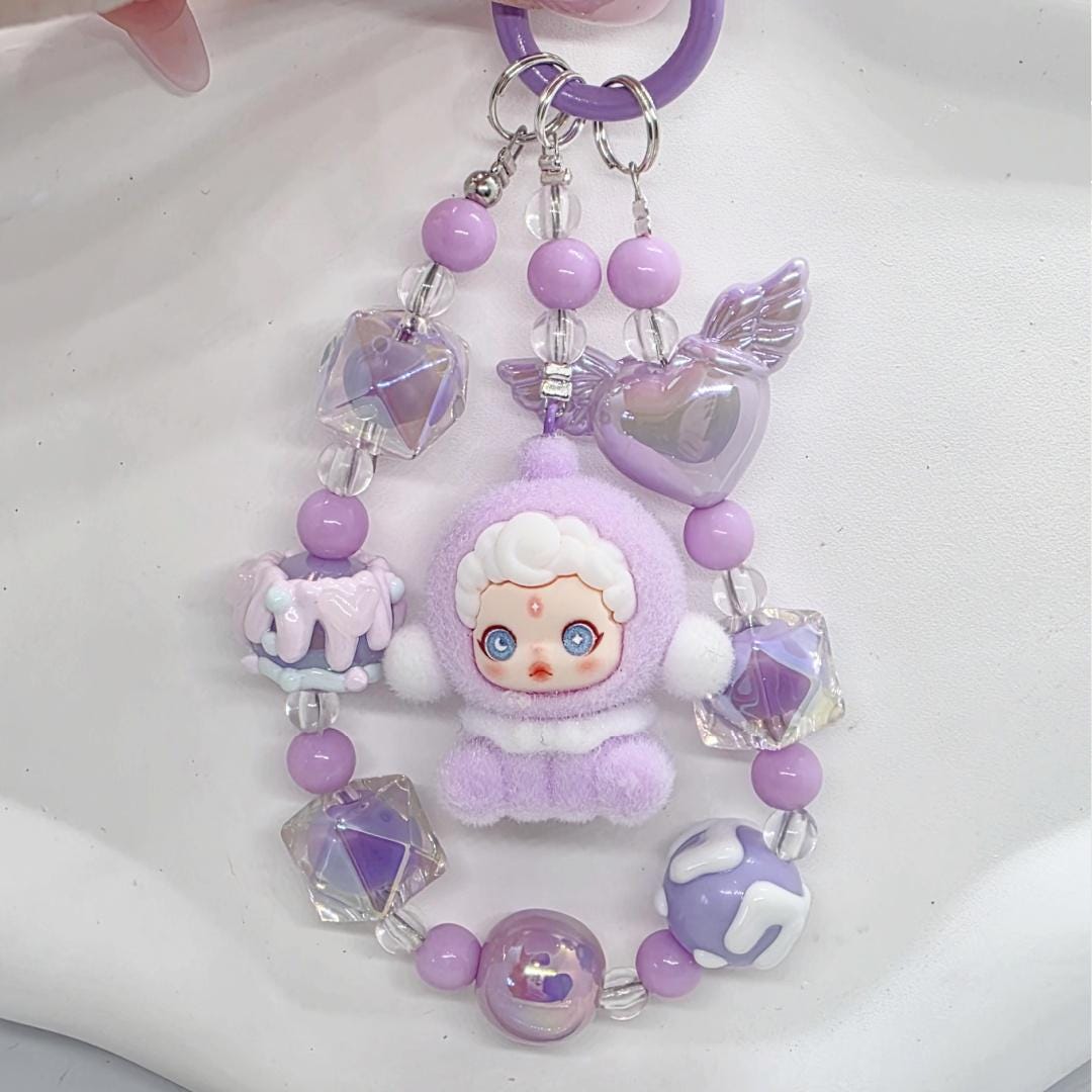 StudioNisy Handmade Skull Panda Furry Bean handmade painted beads, crystal beads keychain or phone charm Kawaii Japan, Cute Chain