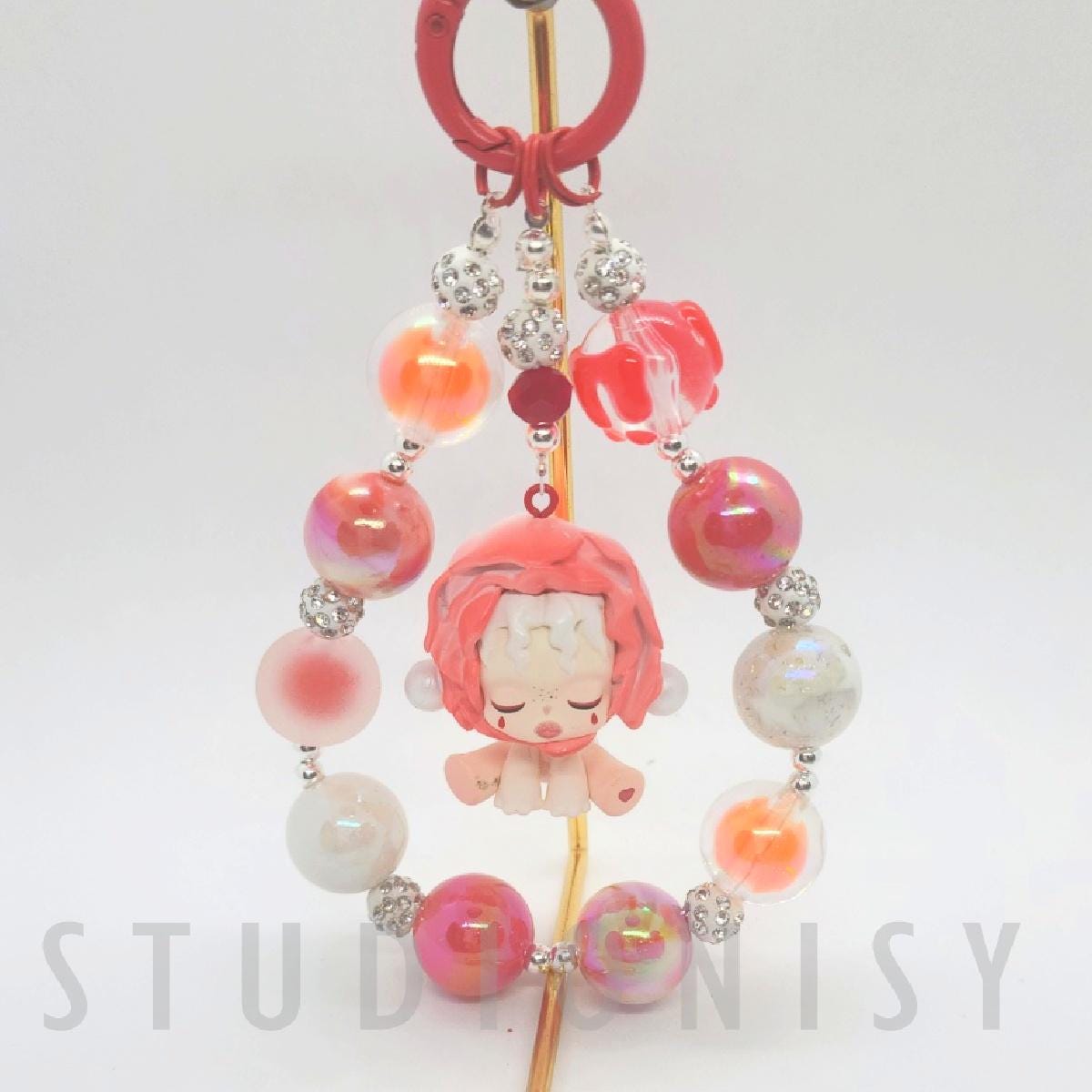 StudioNisy Skull Panda mini Bean handmade painted beads, crystal beads Red keychain or phone charm Kawaii Japan, Cute Chain Gift