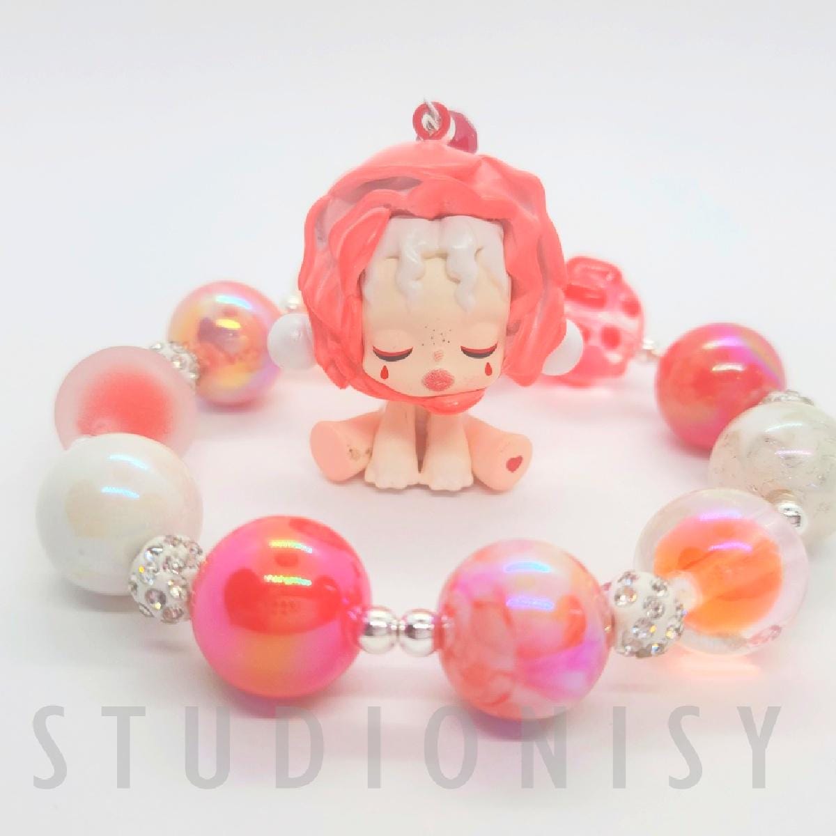 StudioNisy Skull Panda mini Bean handmade painted beads, crystal beads Red keychain or phone charm Kawaii Japan, Cute Chain Gift
