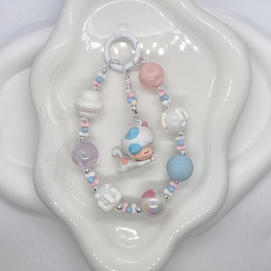 StudioNisy Dimoo bean figure small beaded keychain with handmade beads , one of a kind, great gift, phone charm,