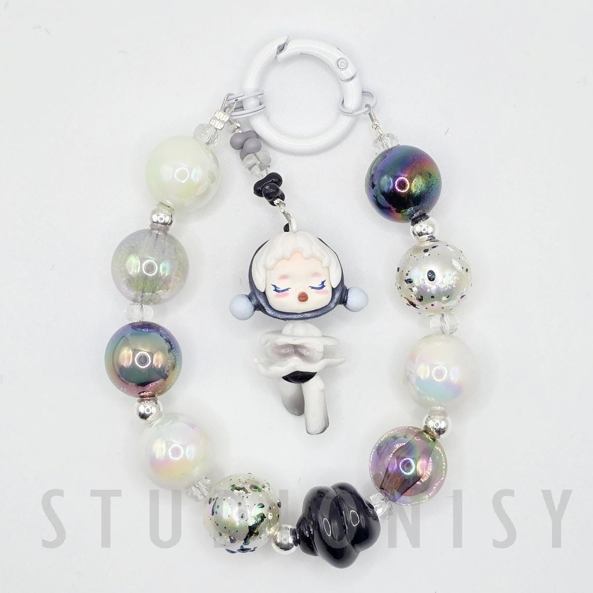 StudioNisy Skull Panda mini Bean handmade painted beads, crystal beads Red keychain or phone charm Kawaii Japan, Cute Chain Gift