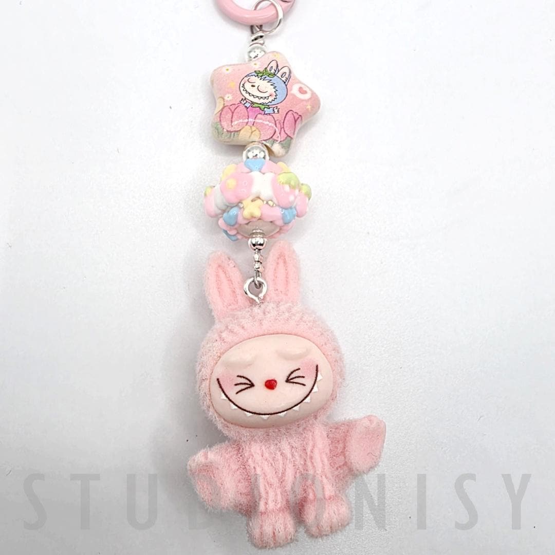 StudioNisy Handmade Cute Faced Labubu Furry large bean with beaded cord, cellphone or bag charm