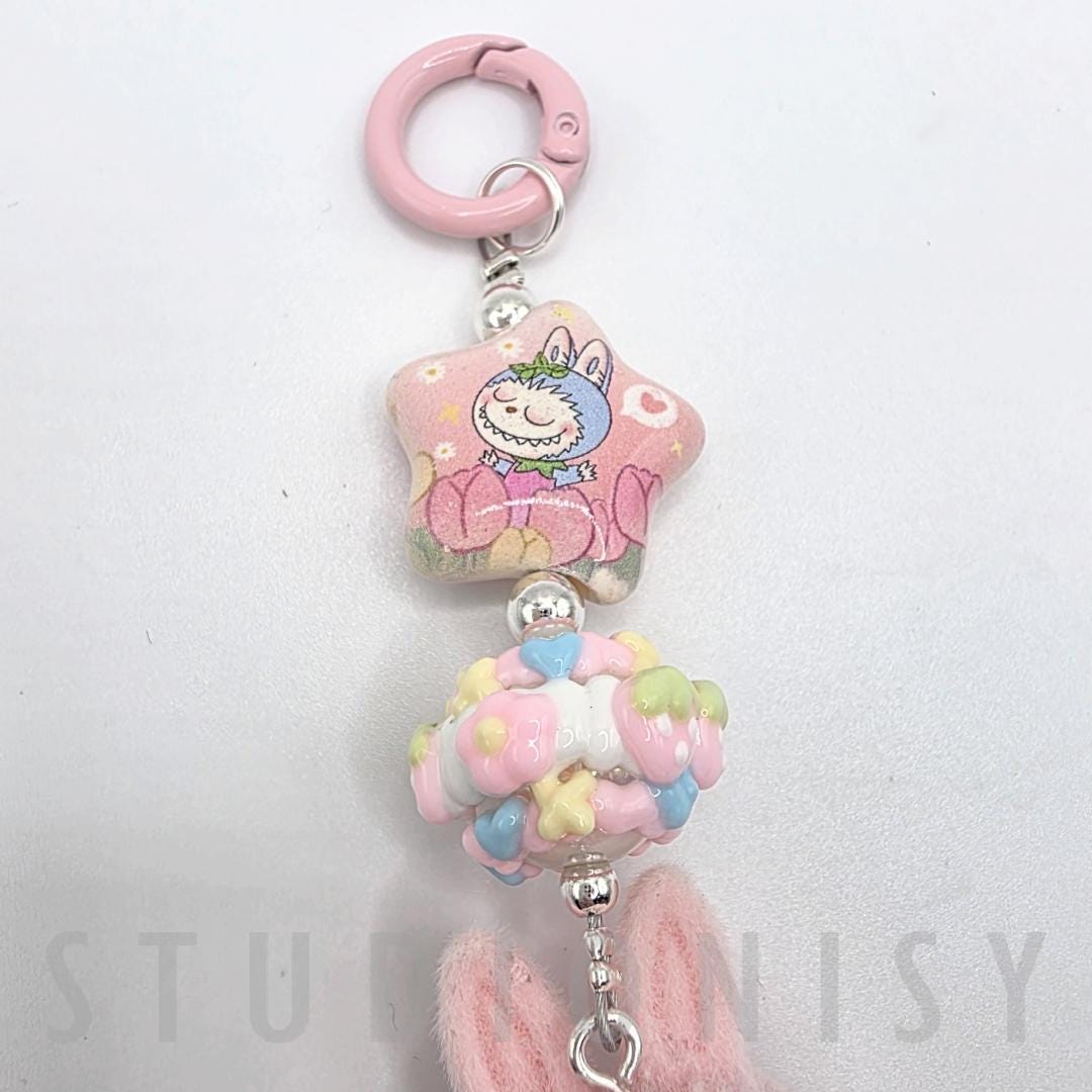 StudioNisy Handmade Cute Faced Labubu Furry large bean with beaded cord, cellphone or bag charm