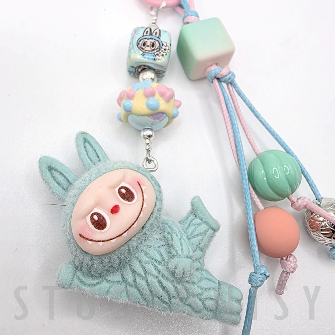 StudioNisy Handmade Cute Faced Labubu Furry large bean with beaded cord, cellphone or bag charm