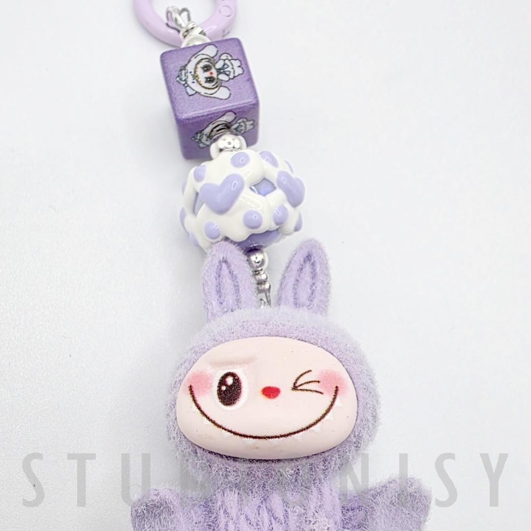StudioNisy Handmade Cute Faced Labubu Furry large bean with beaded cord, cellphone or bag charm