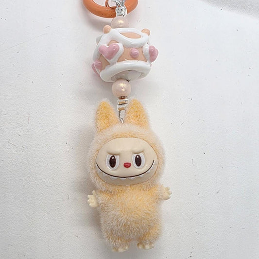 Labubu The Monsters short fur Bean! one-of-a-kind handmade - keychain or phone charm, Heart bead Mother's Day