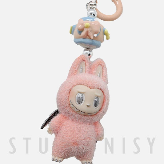 StudioNisy Handmade Zimomo Labubu The Monsters soft short fur 3" Bean custom unique handmade keychain or phone charm- angel in clouds