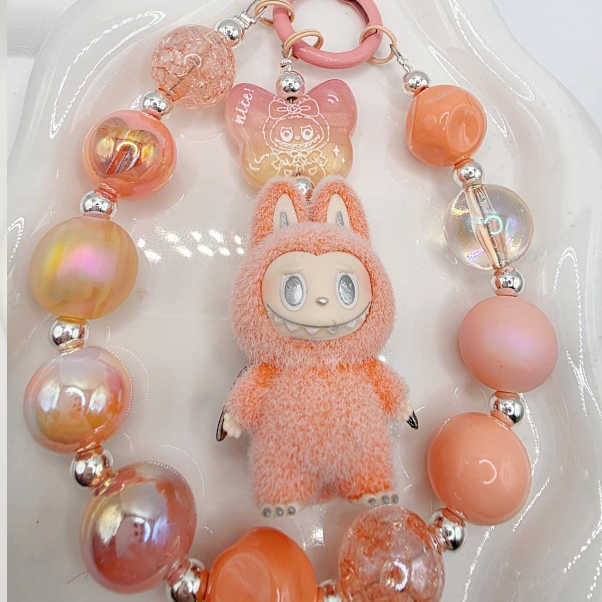 StudioNisy Labubu Zimomo The Monsters soft fur 3" Bean - keychain, phone charm, angel in clouds unique